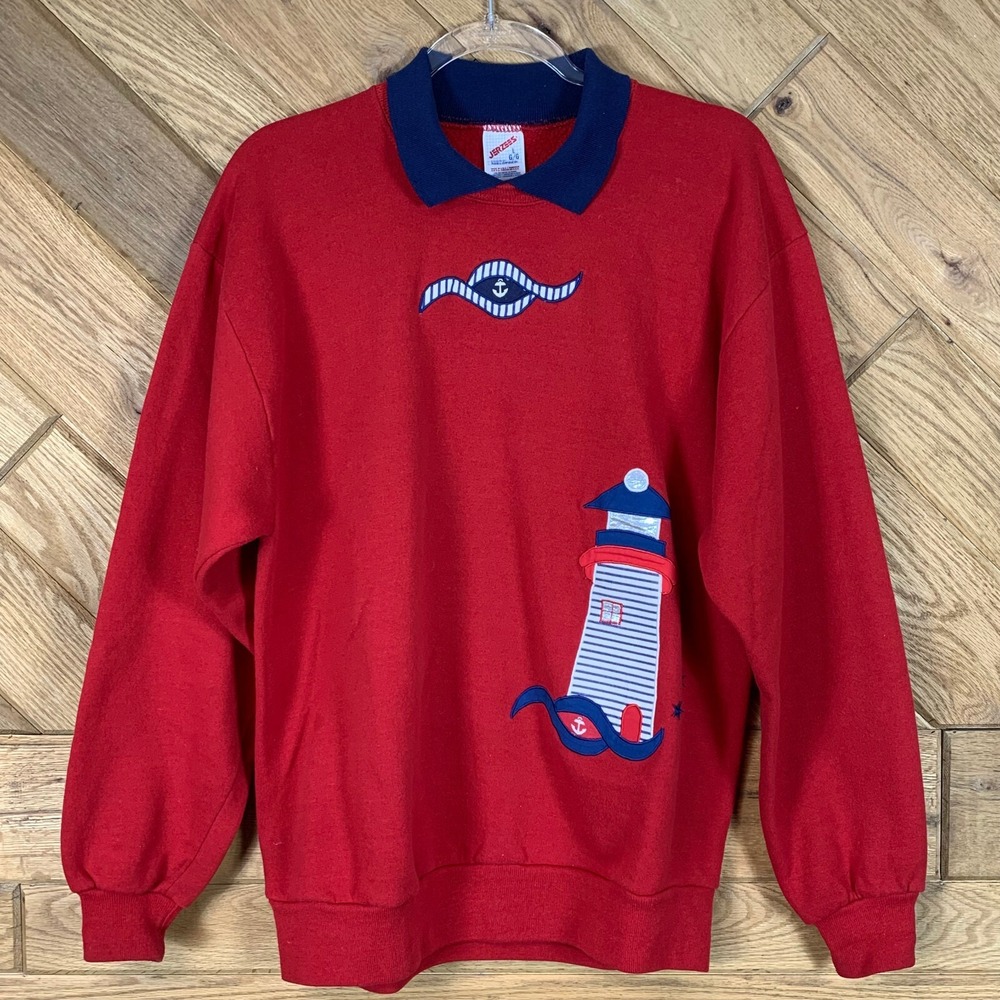 Vintage Jerzees Pullover Sweater Size L Made in USA Sailing Lighthouse Collared